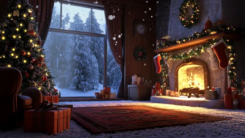 Cozy winter living room with Christmas tree and fireplace.