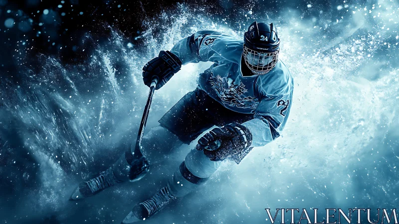 Ice hockey forward drives through explosive blue spray.