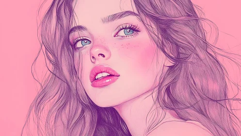 Pink monochrome digital portrait of young woman profile