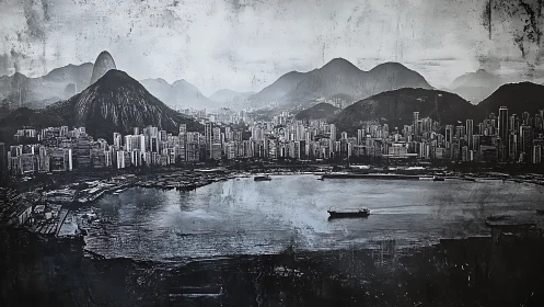 Monochrome harbor skyline meets layered mountain silhouettes.