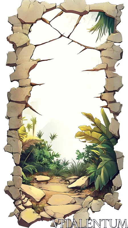 Framed jungle pathway through broken stone wall border.