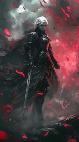 Stormlit knight stands calm in swirling red petals and shadow
