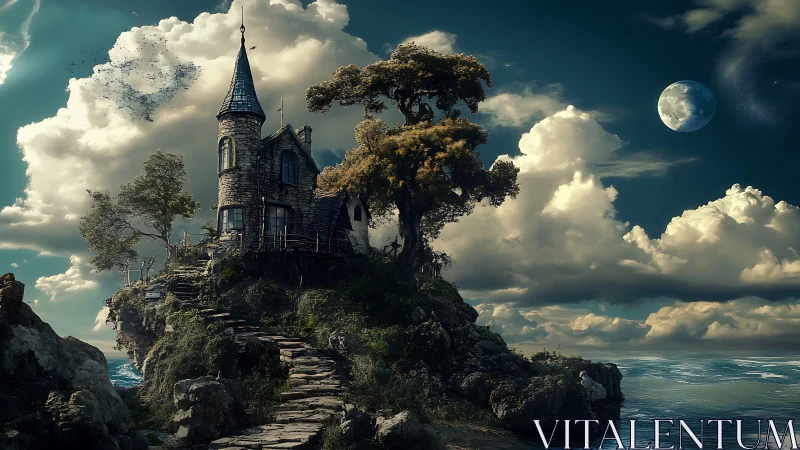 Gothic Spire Tower Perched on Coastal Cliff Under Ethereal Sky.