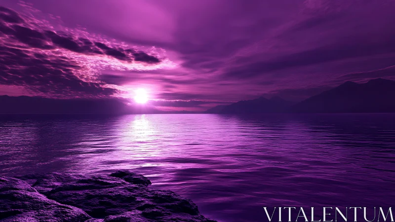 Violet sunset bathes calm ocean and distant mountain silhouettes