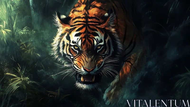 Tiger stalks through shadowed jungle under emerald light.