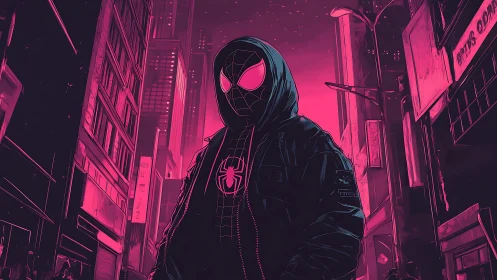 Neon-hooded spider hero stalks the midnight magenta skyline.