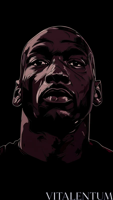 Bold vector portrait shows intense upward male gaze.