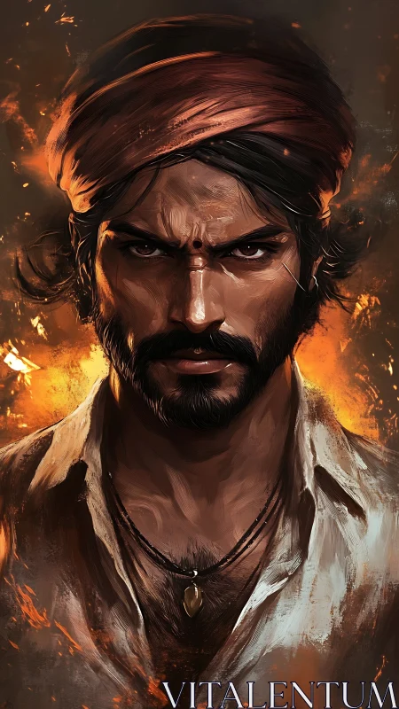 Fiery warrior portrait with intense gaze and embers.