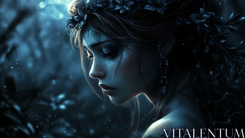 Moonlit profile of pensive forest woman in blue tones.