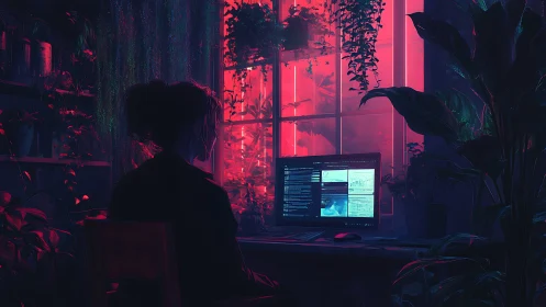 Neon-lit workspace merges digital interface with lush foliage glow