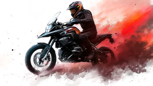 Motorcycle rider slashes through a storm of red speed smoke.