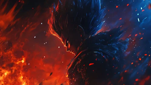 Silent flame warrior between burning red and cool blue.