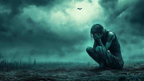 Solitary figure in a stormy field holding quiet sorrow.