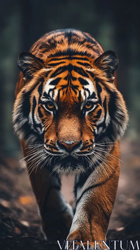 Low-angle telephoto capture isolates stalking tiger with shallow DOF