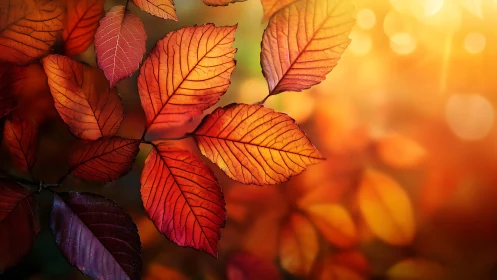 Macro study of autumn leaves with backlit warm bokeh.
