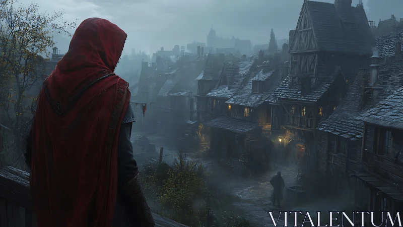 Cloaked watcher surveys fog-drenched medieval alleyway at dusk