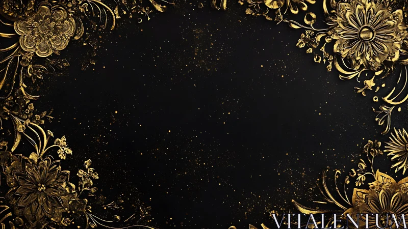 Black background with gold decorative floral ornamental borders framing central space.