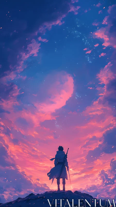 Lone wanderer gazes into a radiant pink and blue sky of hope