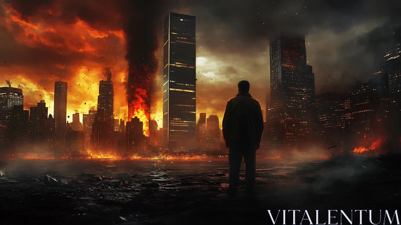 Lone figure observing inferno over collapsing cityscape.