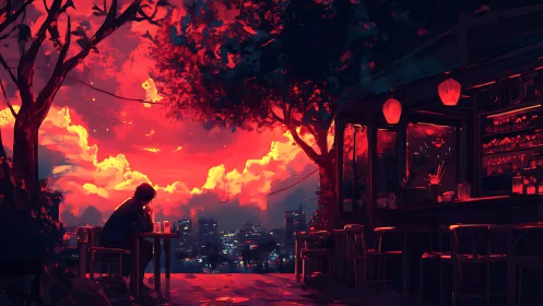 Solitary figure at rooftop bar under intense red sunset.