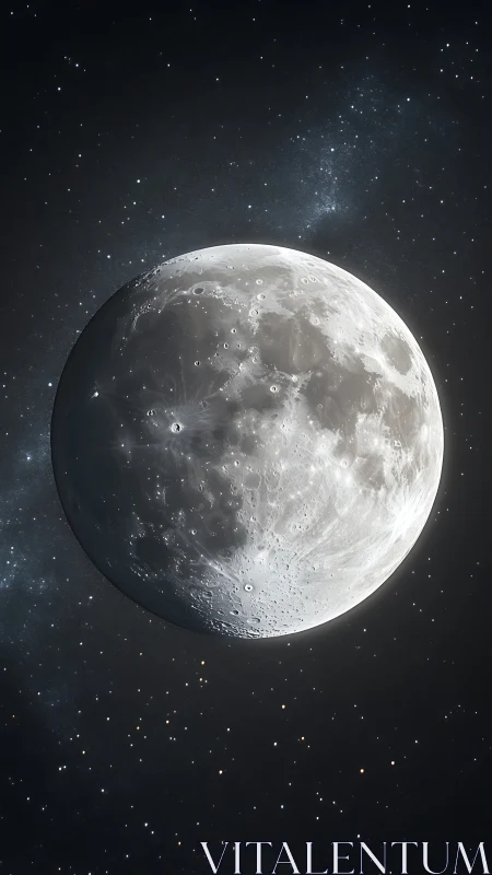 Detailed lunar surface glows against dense star field