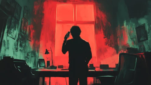 Backlit silhouette in red windowlit office interior at dusk