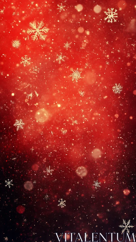 Golden snowflakes drifting across a cozy red glow.