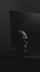 Midnight skull haunts a silent monitor in digital gloom.