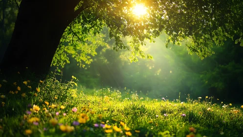 Sunlit Meadow with Wildflowers under a Shady Tree, Nature Photography.