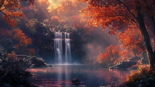Autumn forest waterfall under glowing sunset mist.