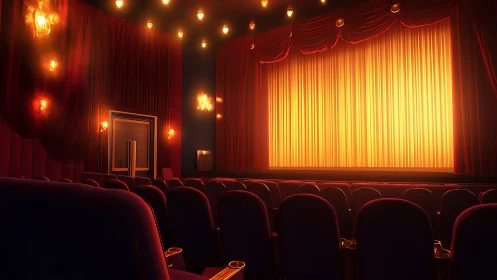 Cozy theater glow with velvety seats and golden curtain.