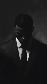 Male figure in dark suit under strong downward lighting.