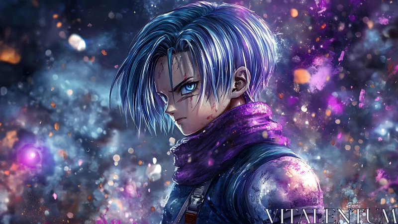 Anime warrior portrait in luminous cosmic particle field.