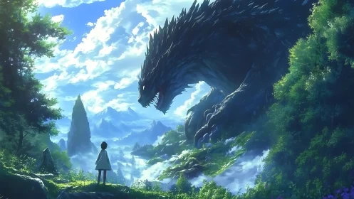 Solitary child faces giant dragon in bright valley landscape.