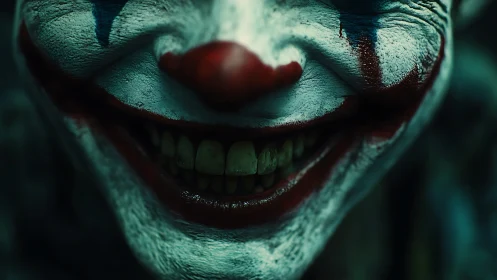 Sinister clown smile reveals cracked paint and decay.