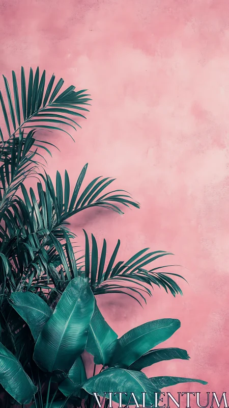 Tropical palm leaves against textured pastel pink wall.