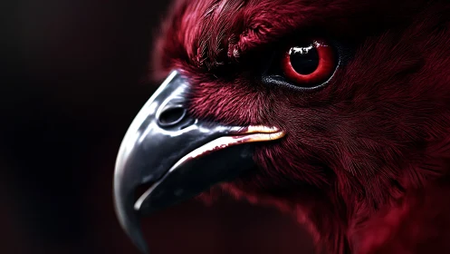 Intense close-up of a crimson hawk in dramatic lighting, digital art.