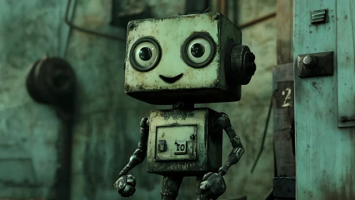 Small boxy robot stands in worn industrial doorway