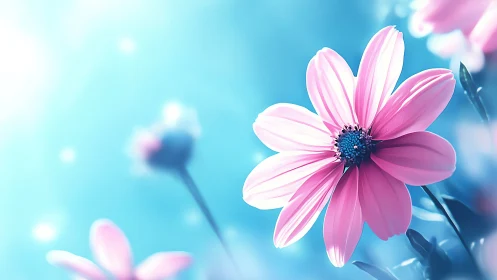 Pink Cosmos Against Azure Blur.