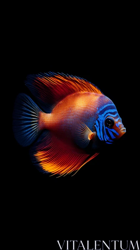 Neon angelfish profile with blazing fins on black field.