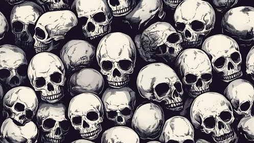 Dense arrangement of illustrated human skulls forms layered field