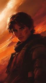 Solar-flared desert warrior in cinematic digital chiaroscuro.