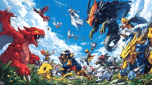 Dynamic anime creature battle panorama with aerial depth staging.