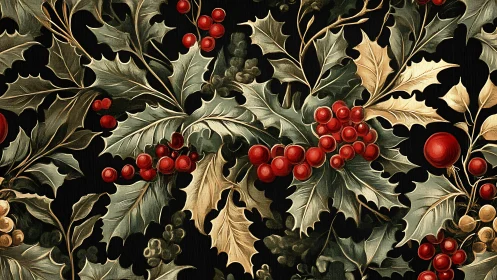 Holly leaves and berries in richly painted festive repeat pattern.