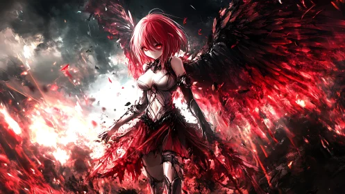Winged humanoid figure in red-black flames and dark sky.