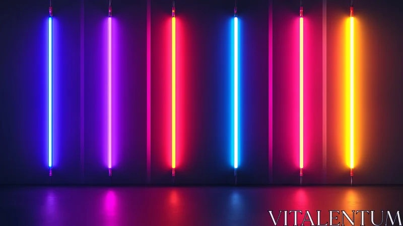 Vertical neon light tubes form chromatic gradient on dark wall