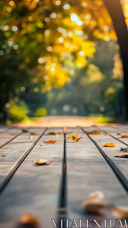 Sunlit wooden path sprinkled with early autumn leaves.
