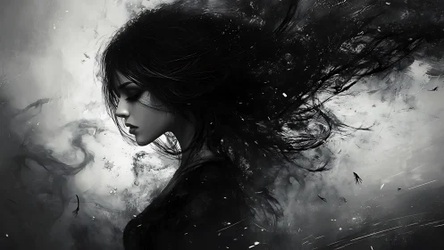 Storm-touched woman stands in swirling monochrome shadows