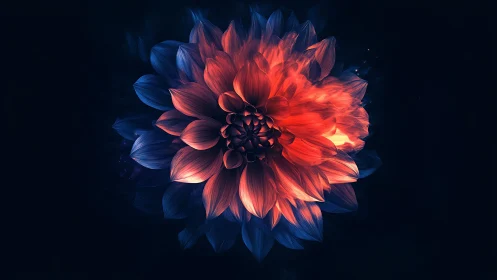 Luminescent Dahlia with Dual-Tone Blue-Orange Gradient Rendering.