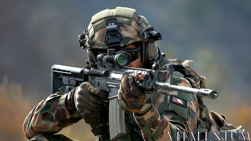 Focused modern soldier aims rifle with calm precision outdoors